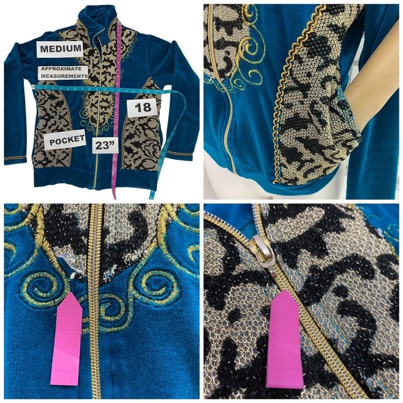 Koc & Grup womens Track Jacket Medium Velour Turquoise Blue Zip Up Mock Neck - Picture 9 of 12